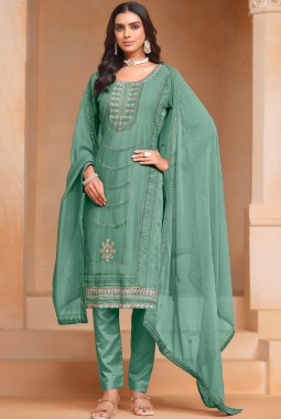 Teal Organza Embroidered Festival Wear Salwar Kameez