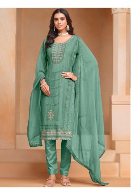 Teal Organza Embroidered Festival Wear Salwar Kameez