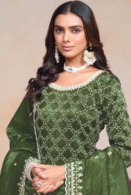 Green Gold Crush Thread Embroidered Festive Wear Salwar Kameez