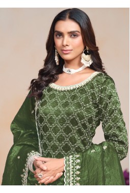 Green Gold Crush Thread Embroidered Festive Wear Salwar Kameez