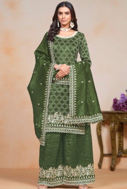 Green Gold Crush Thread Embroidered Festive Wear Salwar Kameez