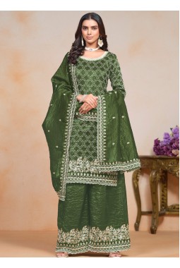 Green Gold Crush Thread Embroidered Festive Wear Salwar Kameez