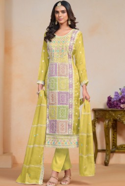 Green Soft Organza Sequins Embroidered Casual Salwar Kameez