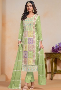 Pista Green Soft Organza Thread Embroidered Casual Salwar Kameez