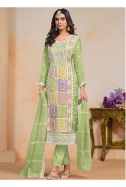 Pista Green Soft Organza Thread Embroidered Casual Salwar Kameez