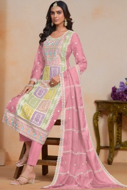 Pink Soft Organza Sequins Embroidered Casual Salwar Kameez