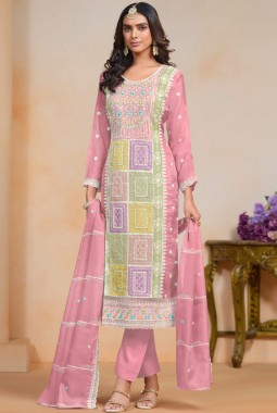 Pink Soft Organza Sequins Embroidered Casual Salwar Kameez