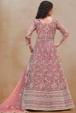 Peach Net Embroidered Wedding Gown Style Salwar Kameez