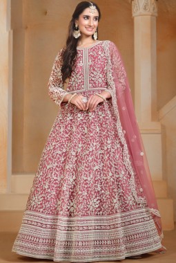 Peach Net Embroidered Wedding Gown Style Salwar Kameez