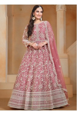 Peach Net Embroidered Wedding Gown Style Salwar Kameez