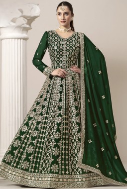 Green Faux Georgette Embroidered Wedding Gown Style Salwar Kameez