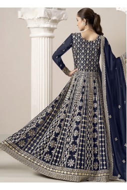 Navy Blue Faux Georgette Embroidered Wedding Gown Style Salwar Kameez