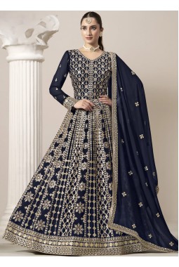 Navy Blue Faux Georgette Embroidered Wedding Gown Style Salwar Kameez
