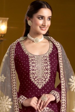 Maroon Chanderi Butti Sequins Embroidered Wedding Gown Style Salwar Kameez