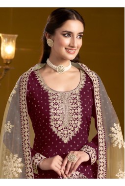 Maroon Chanderi Butti Sequins Embroidered Wedding Gown Style Salwar Kameez