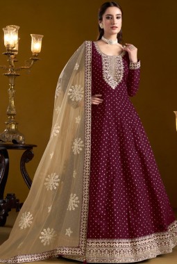 Maroon Chanderi Butti Sequins Embroidered Wedding Gown Style Salwar Kameez