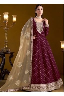 Maroon Chanderi Butti Sequins Embroidered Wedding Gown Style Salwar Kameez