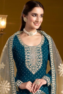 Navy Blue Chanderi Butti Embroidered Wedding Gown Style Salwar Kameez
