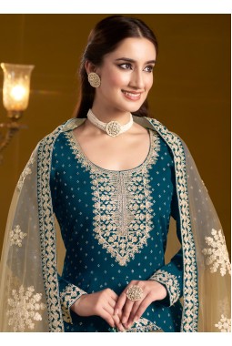 Navy Blue Chanderi Butti Embroidered Wedding Gown Style Salwar Kameez