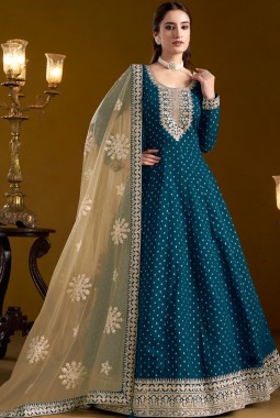 Navy Blue Chanderi Butti Embroidered Wedding Gown Style Salwar Kameez