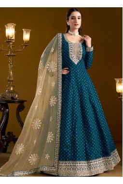 Navy Blue Chanderi Butti Embroidered Wedding Gown Style Salwar Kameez