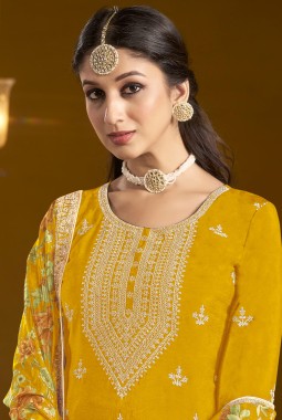 Yellow Chinon Zari Embroidered Wedding Gharara Set