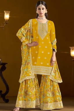 Yellow Chinon Zari Embroidered Wedding Gharara Set