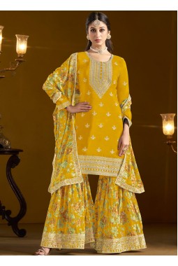 Yellow Chinon Zari Embroidered Wedding Gharara Set