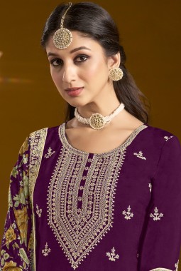 Purple Chinon Embroidered Wedding Gharara Set