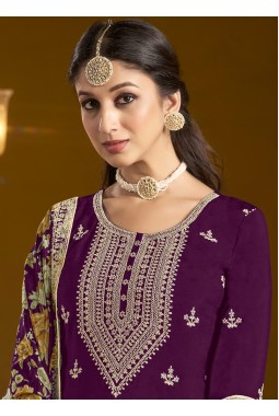 Purple Chinon Embroidered Wedding Gharara Set