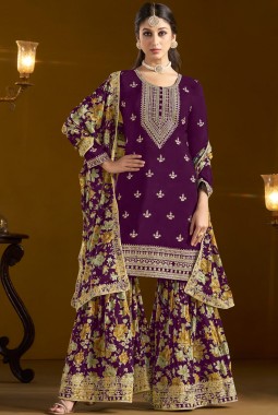 Purple Chinon Embroidered Wedding Gharara Set