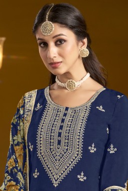 Navy Blue Chinon Zari Embroidered Wedding Gharara Set