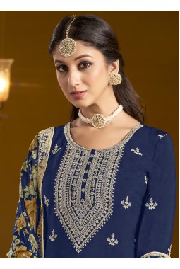Navy Blue Chinon Zari Embroidered Wedding Gharara Set
