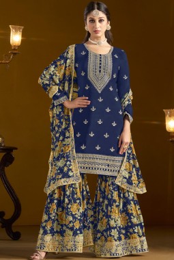 Navy Blue Chinon Zari Embroidered Wedding Gharara Set