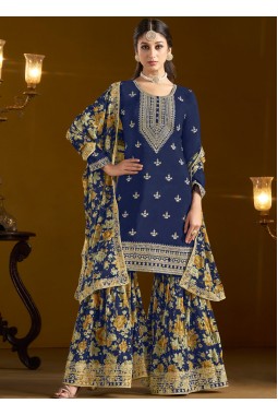 Navy Blue Chinon Zari Embroidered Wedding Gharara Set