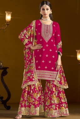 Red Chinon Zari Embroidered Wedding Gharara Set