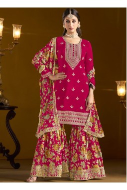 Red Chinon Zari Embroidered Wedding Gharara Set