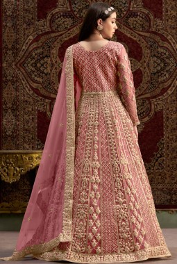 Peach Net Zari Embroidered Wedding Gown Style Salwar Kameez