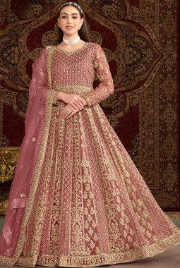 Peach Net Zari Embroidered Wedding Gown Style Salwar Kameez