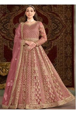 Peach Net Zari Embroidered Wedding Gown Style Salwar Kameez