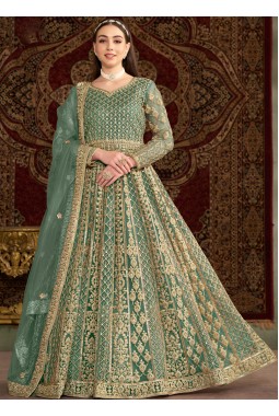Blue Net Sequins Embroidered Wedding Gown Style Salwar Kameez