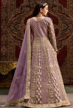 Purple Net Zari Embroidered Wedding Gown Style Salwar Kameez