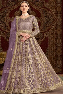 Purple Net Zari Embroidered Wedding Gown Style Salwar Kameez