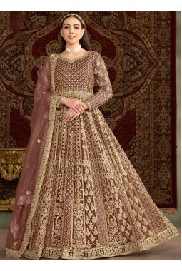 Brown Net Sequins Embroidered Wedding Gown Style Salwar Kameez