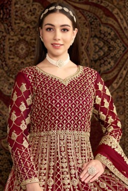 Maroon Net Sequins Embroidered Wedding Gown Style Salwar Kameez