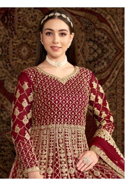 Maroon Net Sequins Embroidered Wedding Gown Style Salwar Kameez