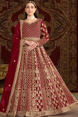 Maroon Net Sequins Embroidered Wedding Gown Style Salwar Kameez