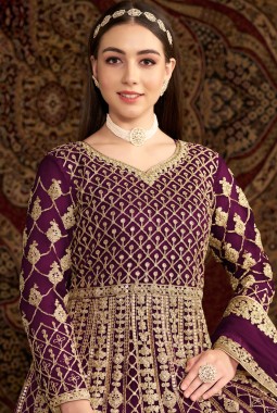 Purple Net Zari Embroidered Wedding Gown Style Salwar Kameez
