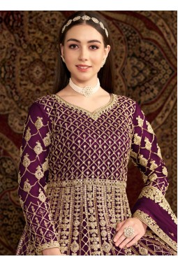 Purple Net Zari Embroidered Wedding Gown Style Salwar Kameez