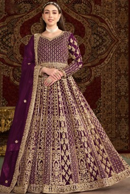 Purple Net Zari Embroidered Wedding Gown Style Salwar Kameez